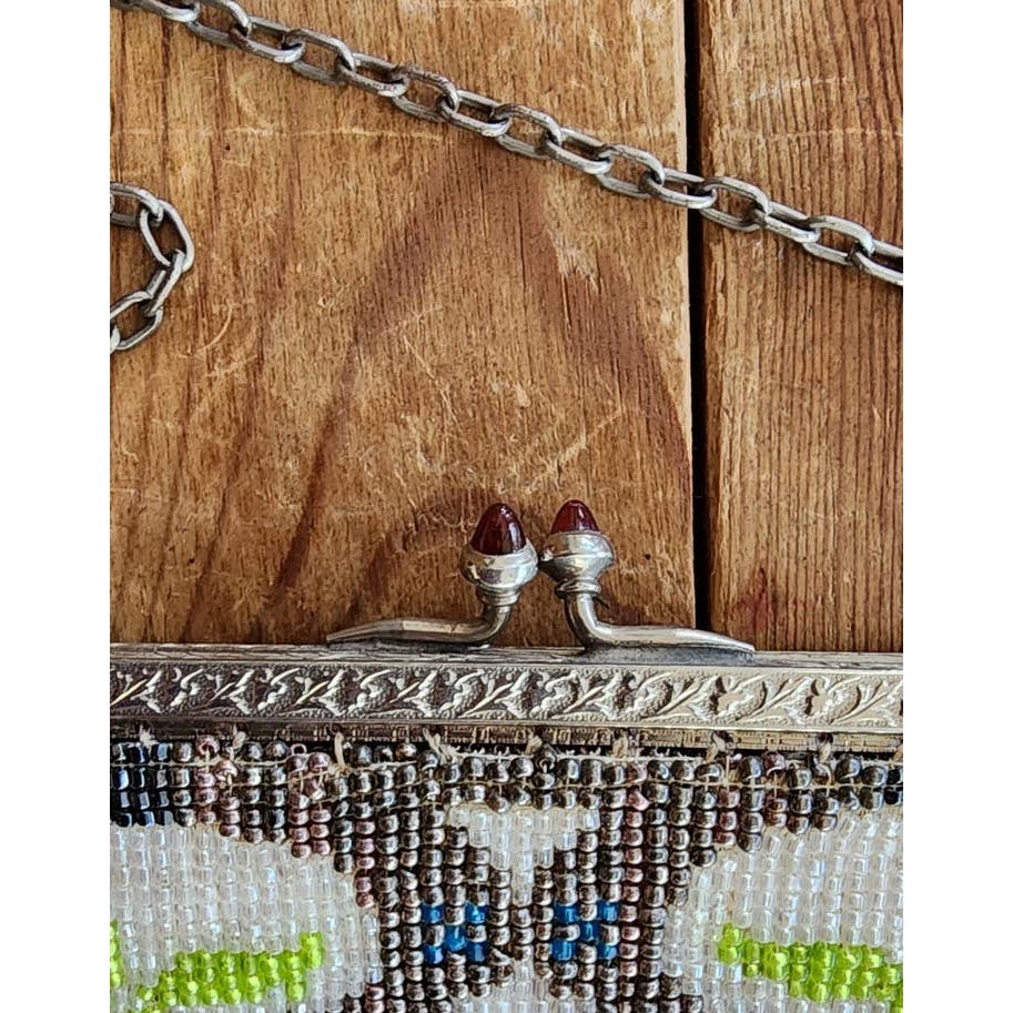 Antique Glass Bead Bag Edwardian Purse Floral Rose Pattern