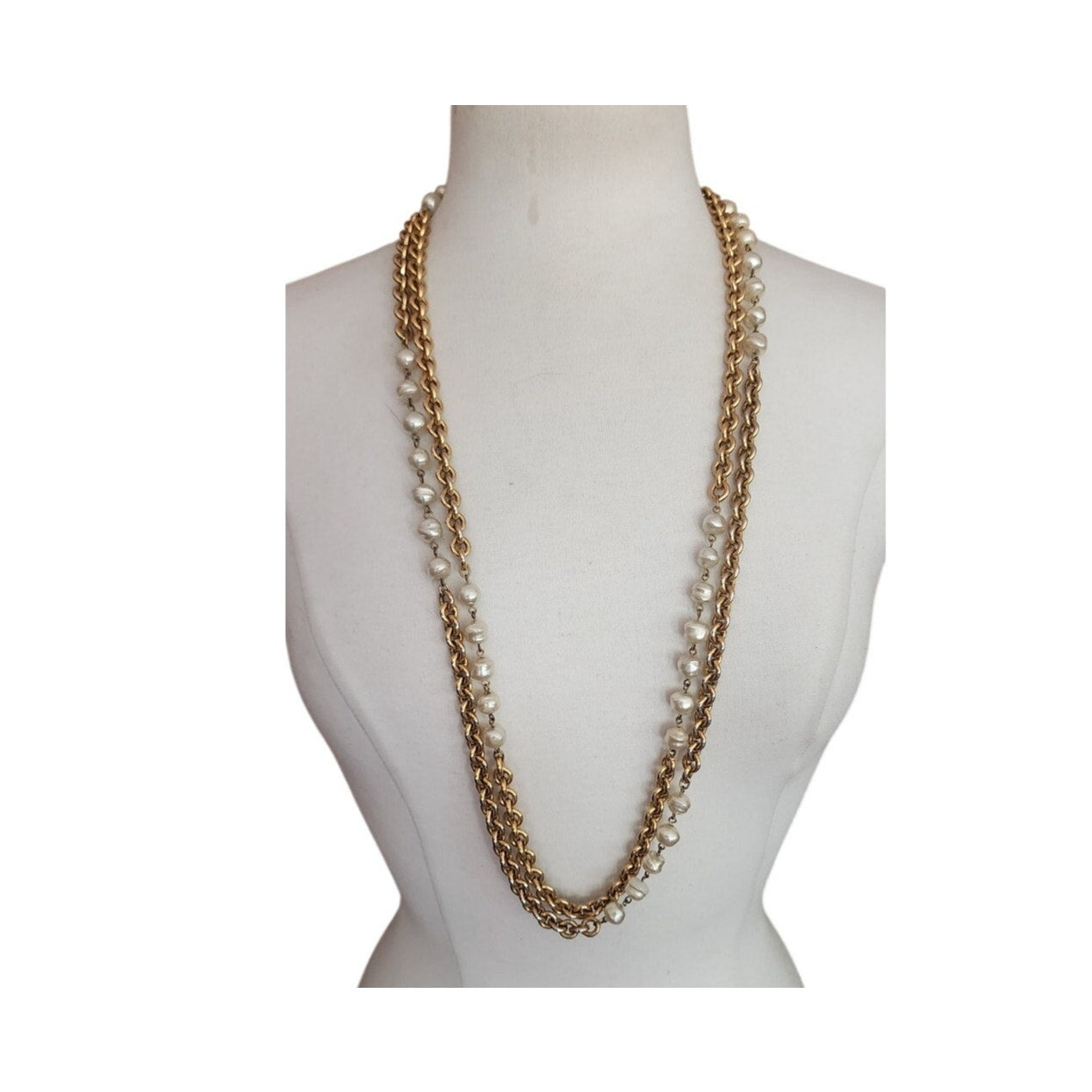 Vintage Chanel 1984 Necklace Double Strand Gold Chain Baroque Pearl Documented Runway Lagerfeld Era