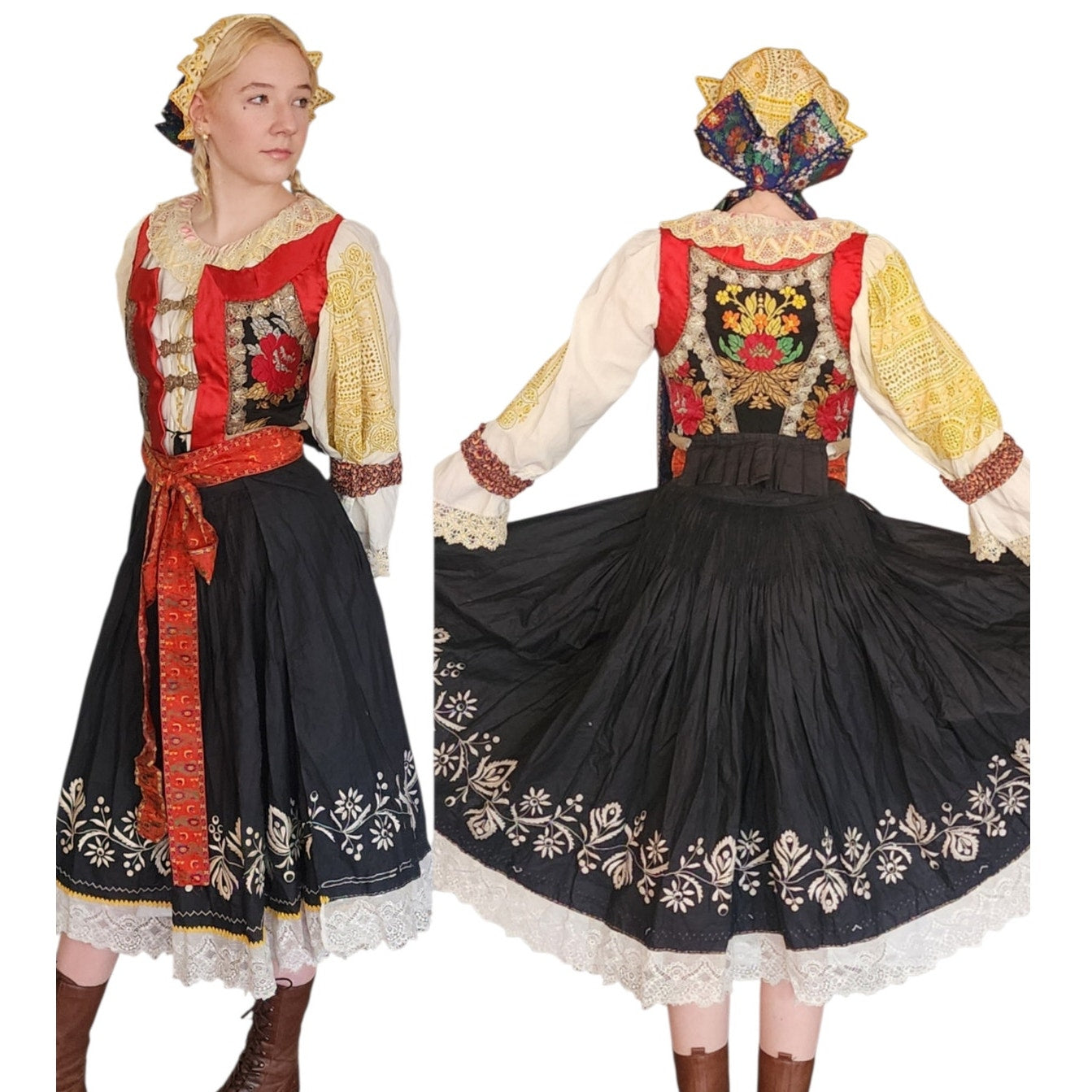 Antique Slovakian Folk Costume COMPLETE Kroj Piesteny Wedding Outfit Blouse Skirt Vest Cap Belt