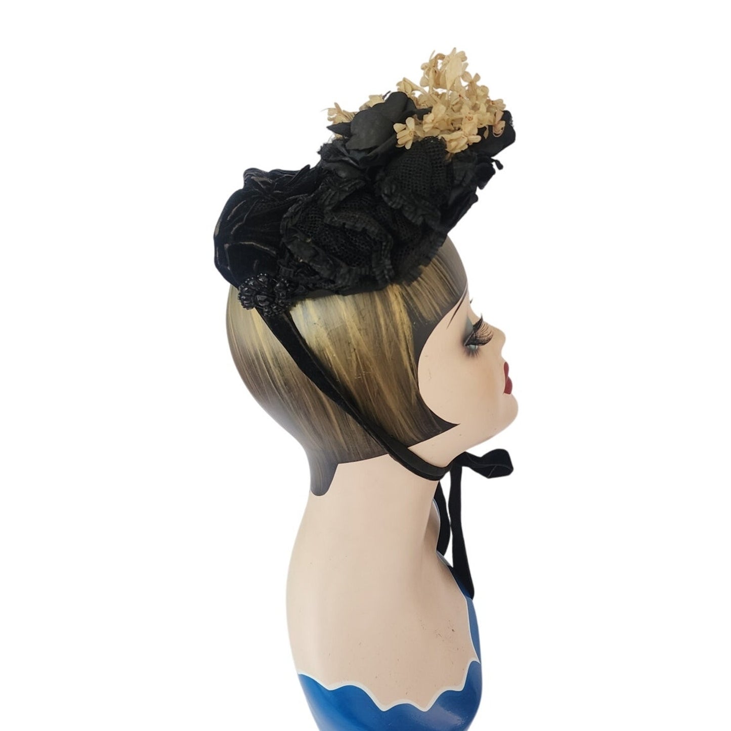 Antique Victorian Hat Black Satin w/Cream Silk Flowers 1800s 19th Century