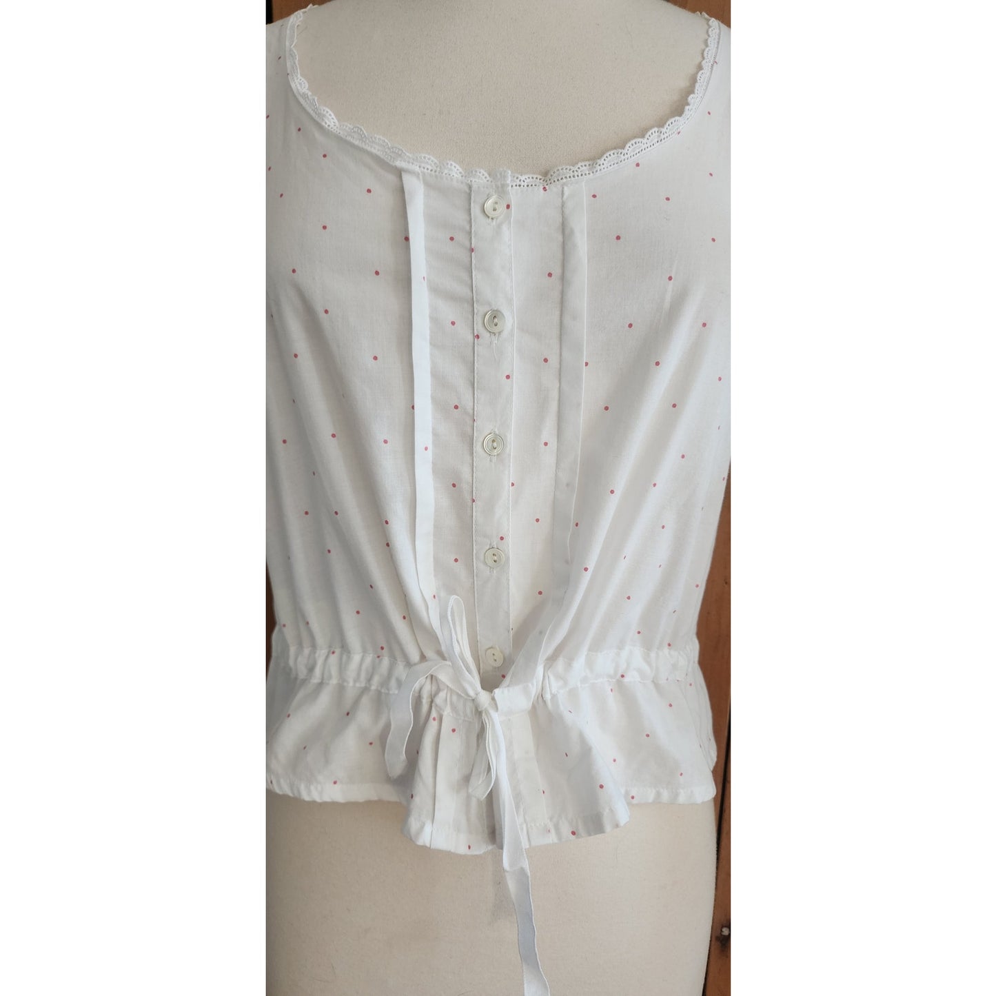 Vintage 80s Laura Ashley White Cotton Eyelet Sleeveless Top Red Micro Polka Dot