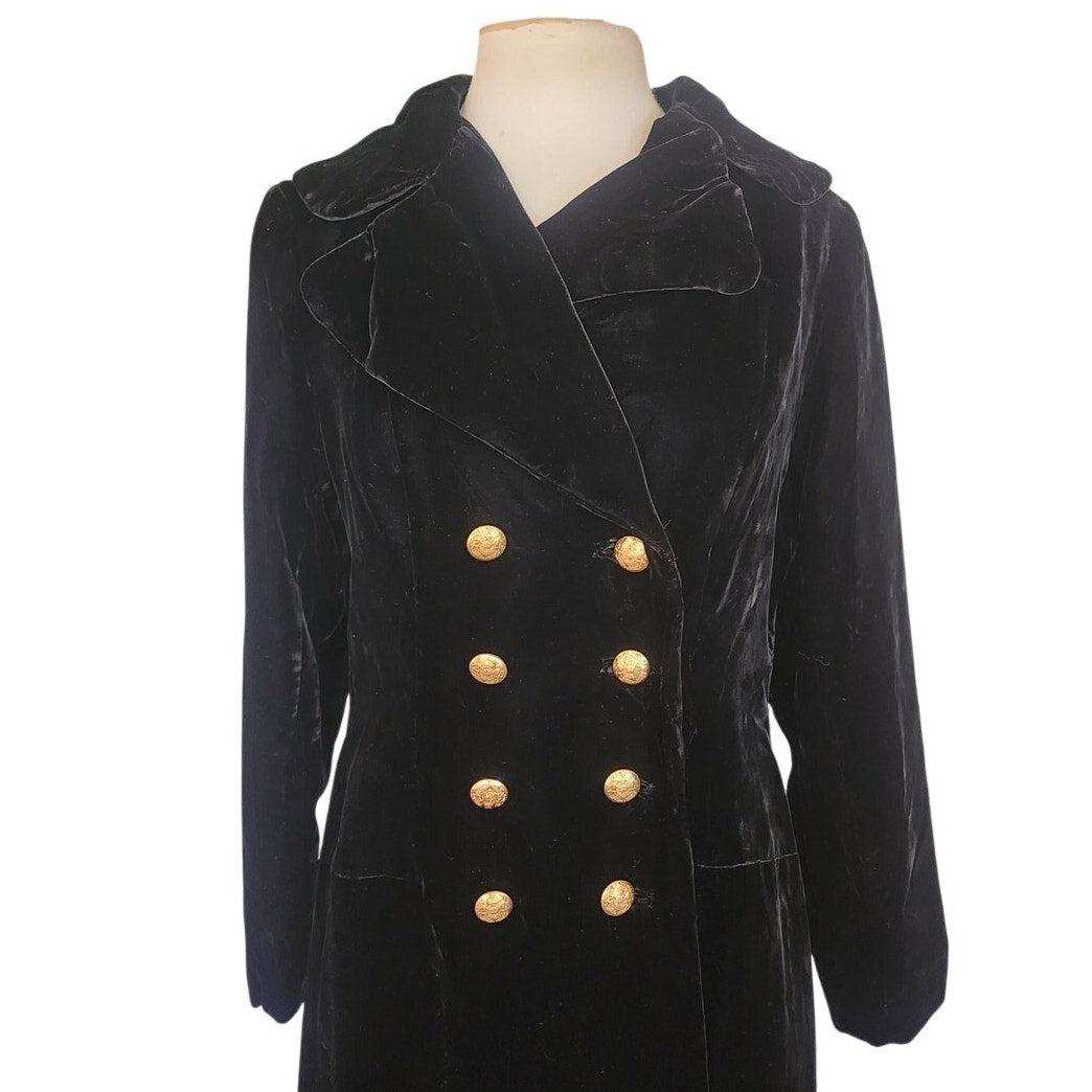 Vintage Black Velvet Opera Coat Double Breasted Gold Buttons
