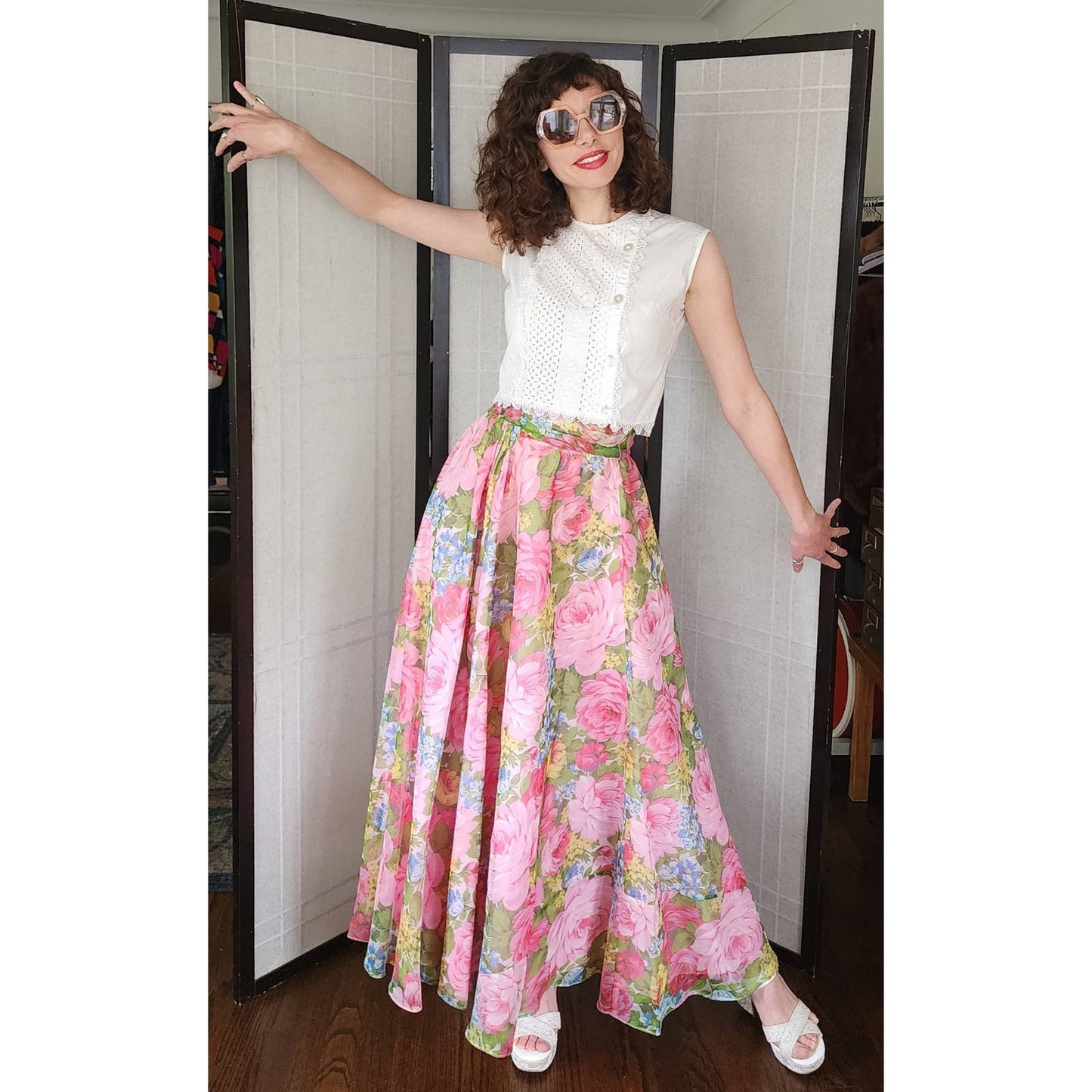 Vintage 70s Maxi Skirt Elastic Waist Pink Floral Print Saks Fifth Avenue
