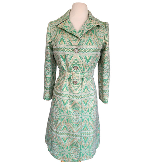 Vintage 1960s Belted Coat Mod Green Print Geometric Abstract Chas A Stevens