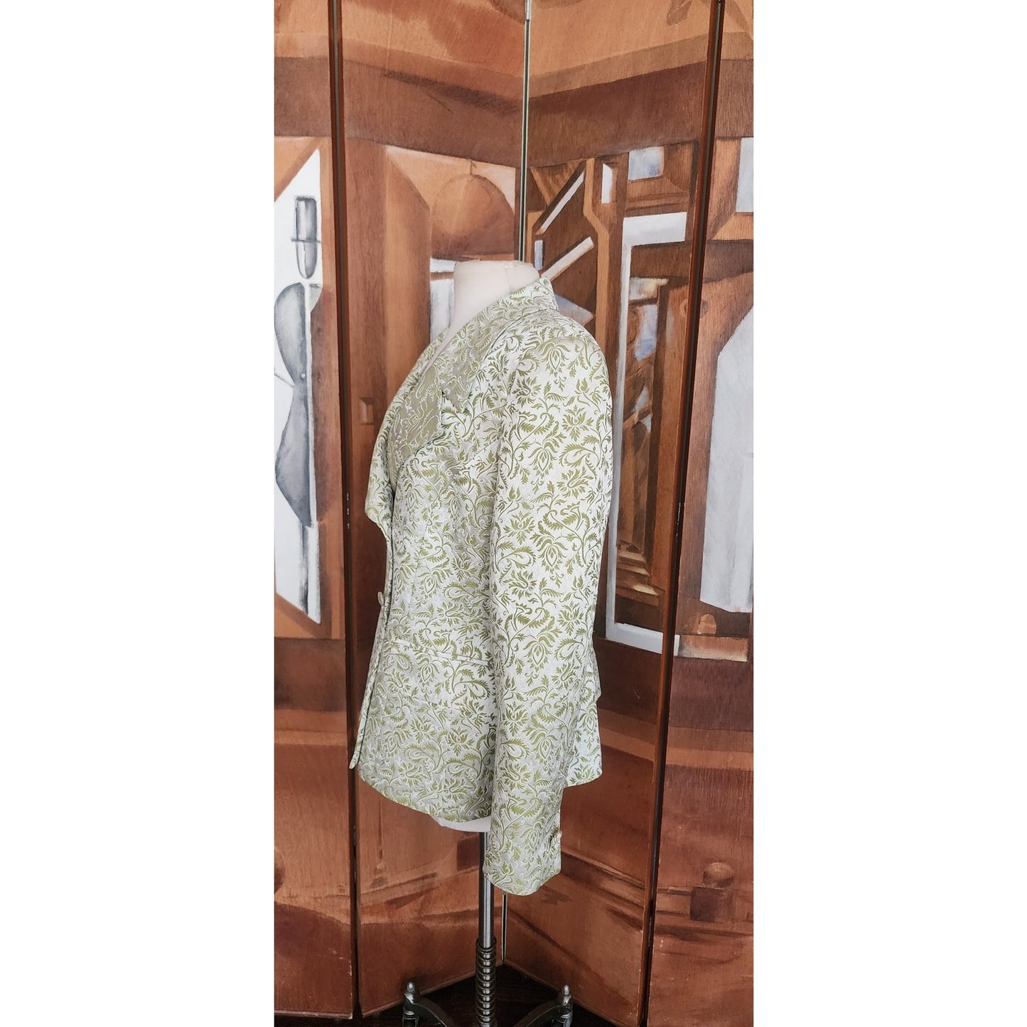 Vintage 1980s ESCADA COUTURE Blazer Green Leaf Print Jacket Double Breasted 40
