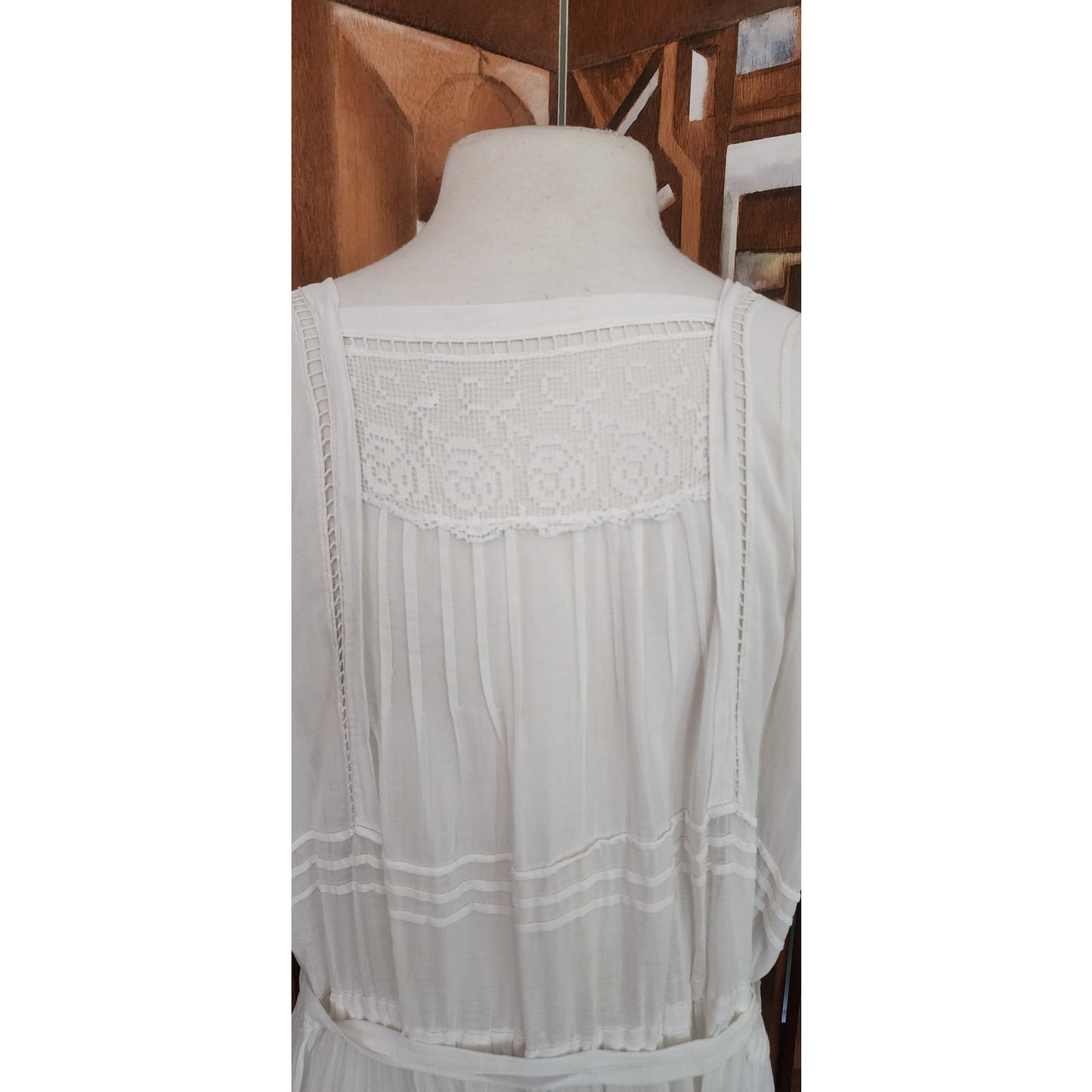 Antique 1910s White Lingerie Tea Dress Lawn Gown Crochet Lace Embroidery Drop Waist L