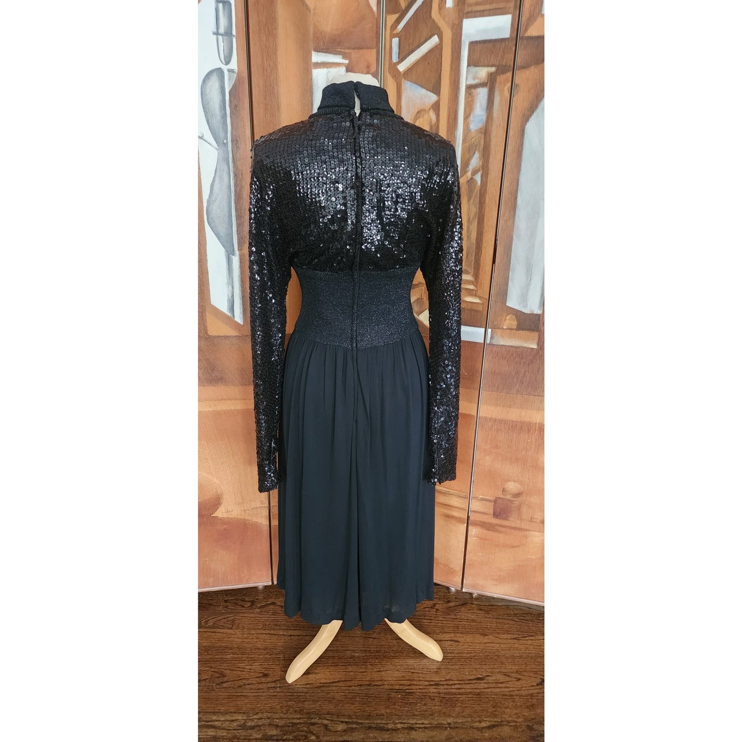 Vintage 1970s Black Maxi Dress Silk Knit Sequined Lurex Pat Sandler Dress Long Sleeve S
