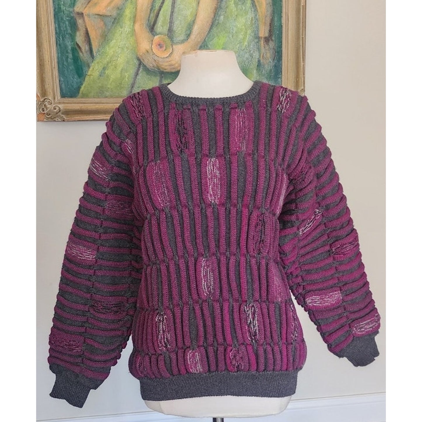 Vintage 80s Ros Joffe Sweater Mens Purple Black Wool 3D Novelty Knit / M