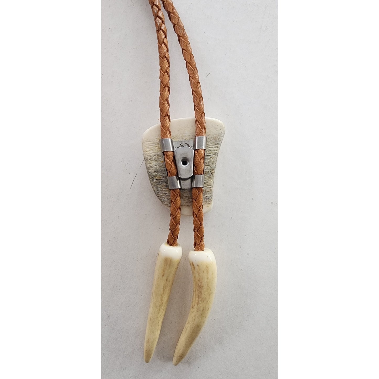 Vintage 90s Bolo Carved Antler Brown Braided Leather