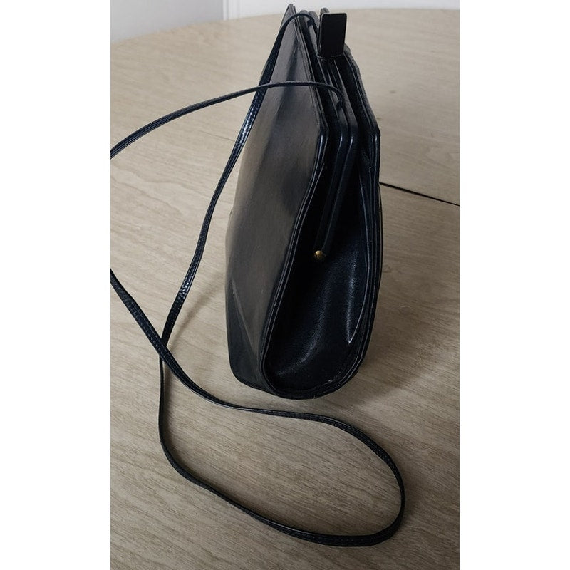 Vintage 80s Art Deco Purse Shoulder Bag / Clutch Navy Blue Leather Jay Herbert