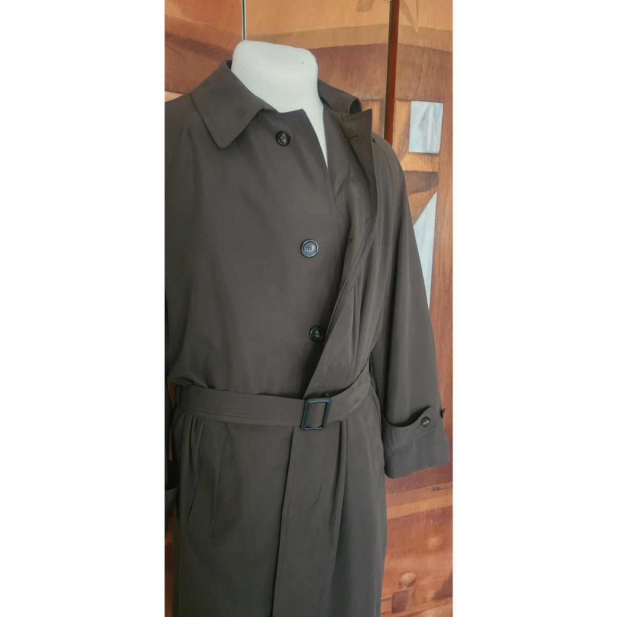 Vintage 1990s Ralph Lauren Mens Coat Brown Olive Green Trench Raincoat Large 40R