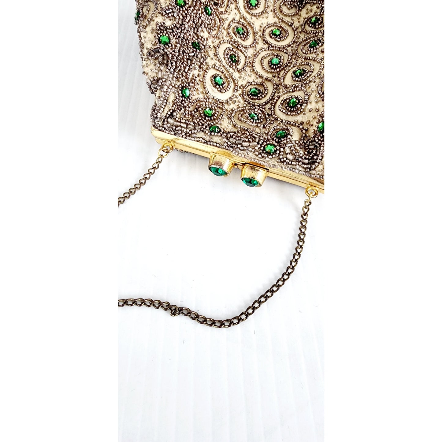 Vintage 30s Beaded Evening Bag Green Rhinestone Scrollwork