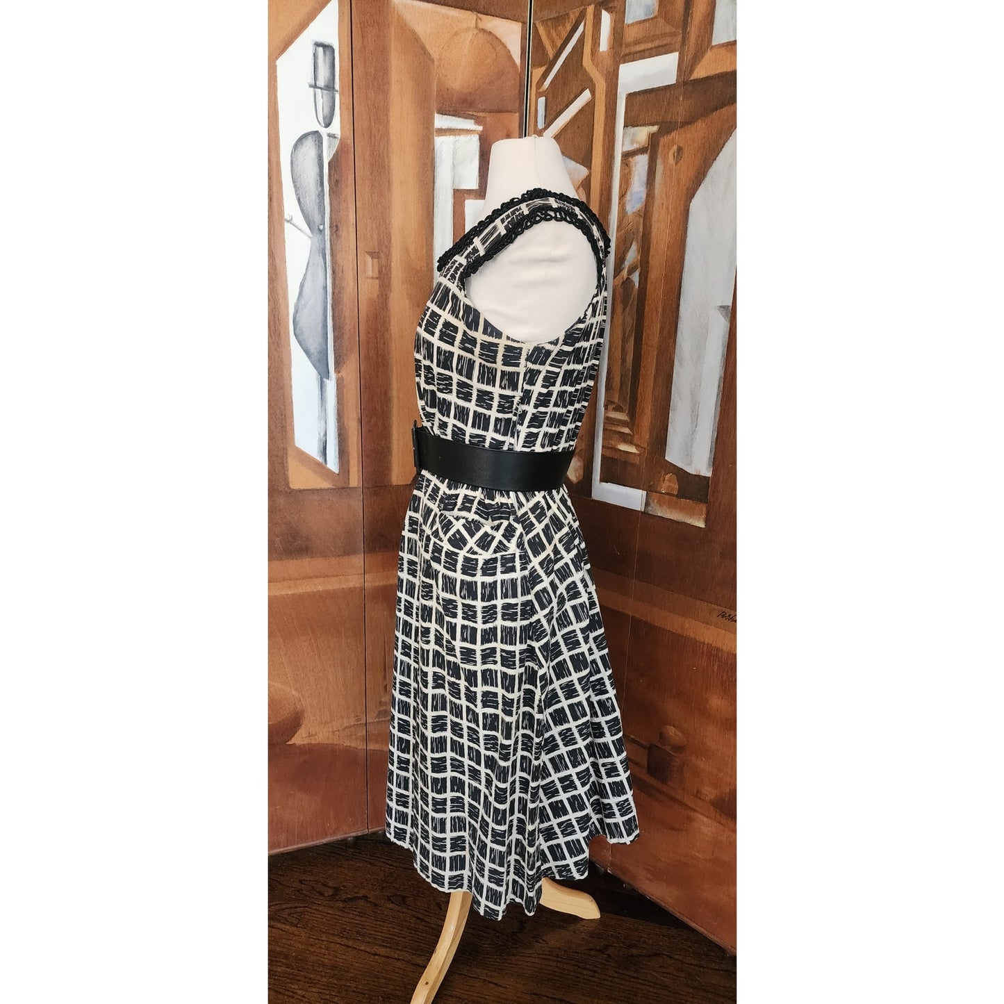 Vintage 50s Cotton Print Dress Black White Check Belted / M to L