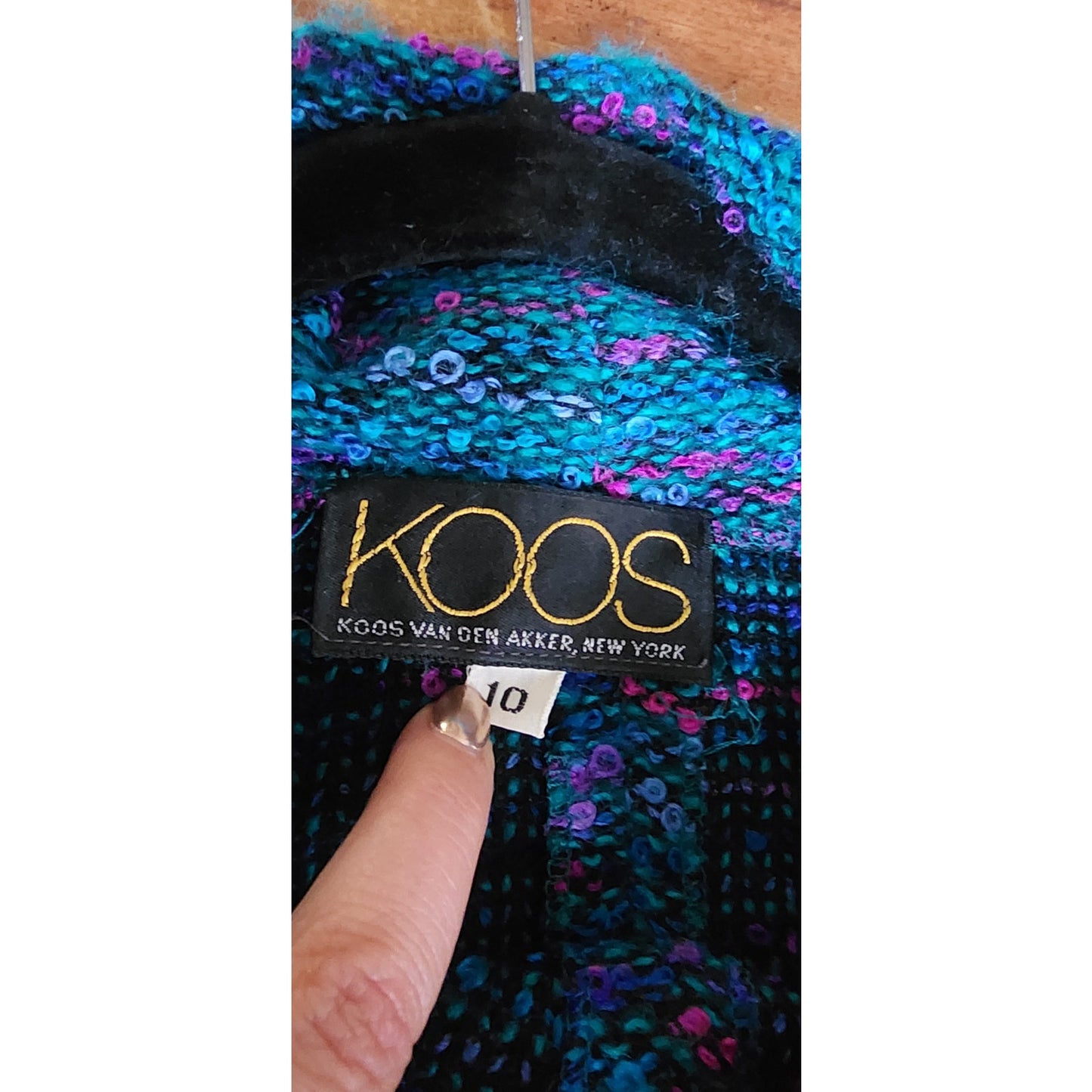 Vintage 80s KOOS VAN DER AKKER Dress Blue Green Knit Floral Applique Gold Trim