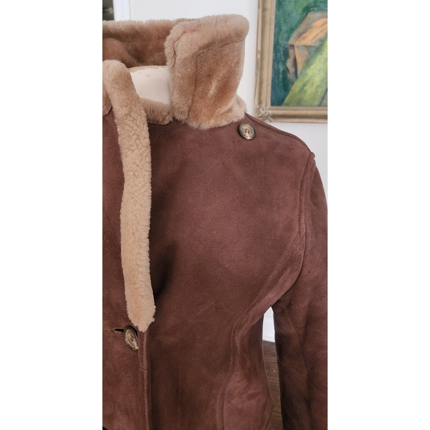 Vintage 70s Shearling Coat Brown Suede Long Parka Double Breasted
