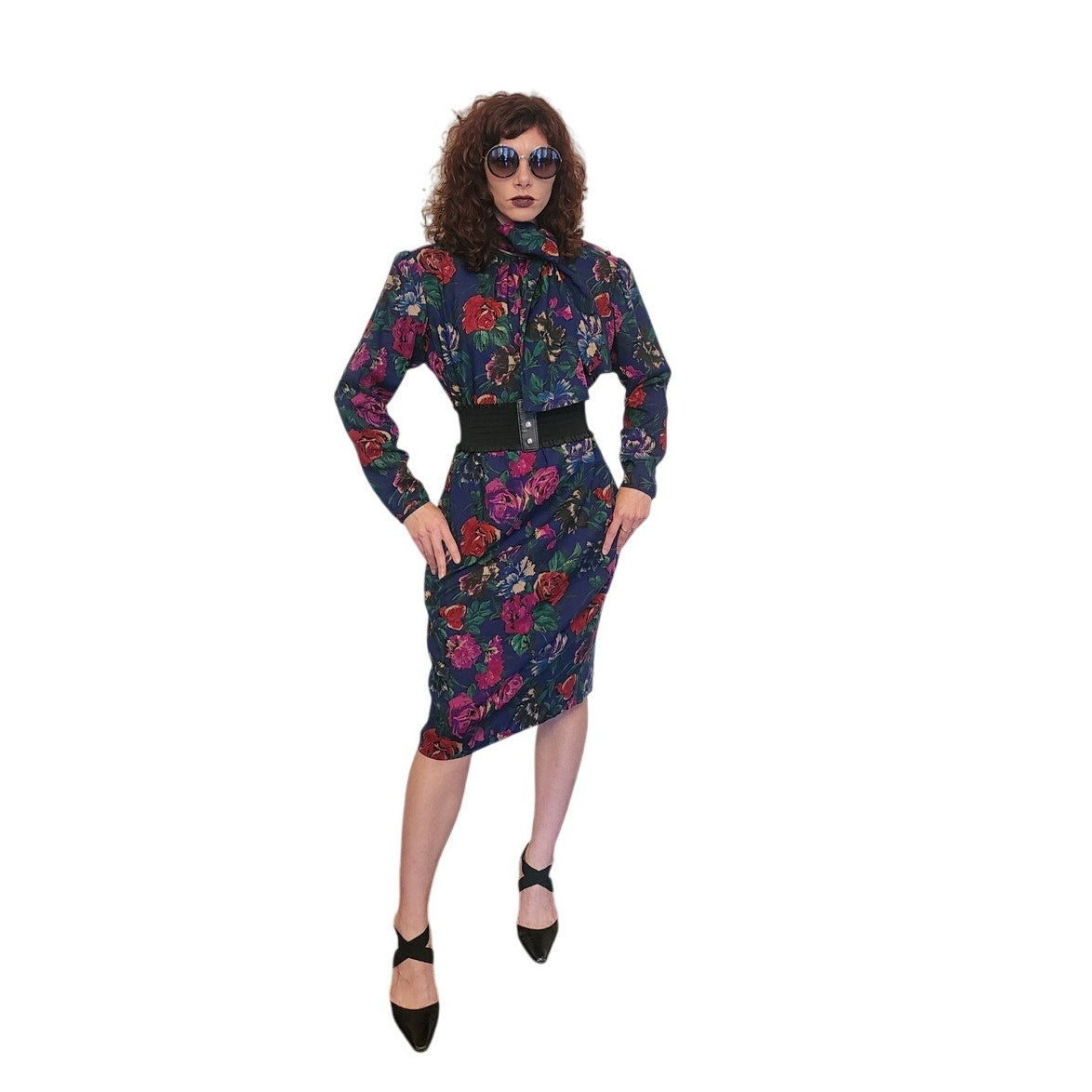 Vintage 1980s UNGARO Sac Dress Dark Floral Print Wool w/Sash Necktie / M