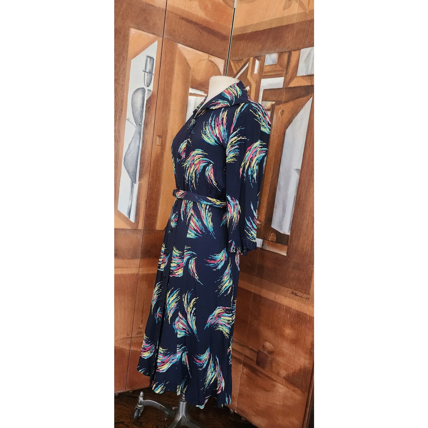 Vintage 40s Rayon Print Midi Dress Navy Blue Painterly Print / S