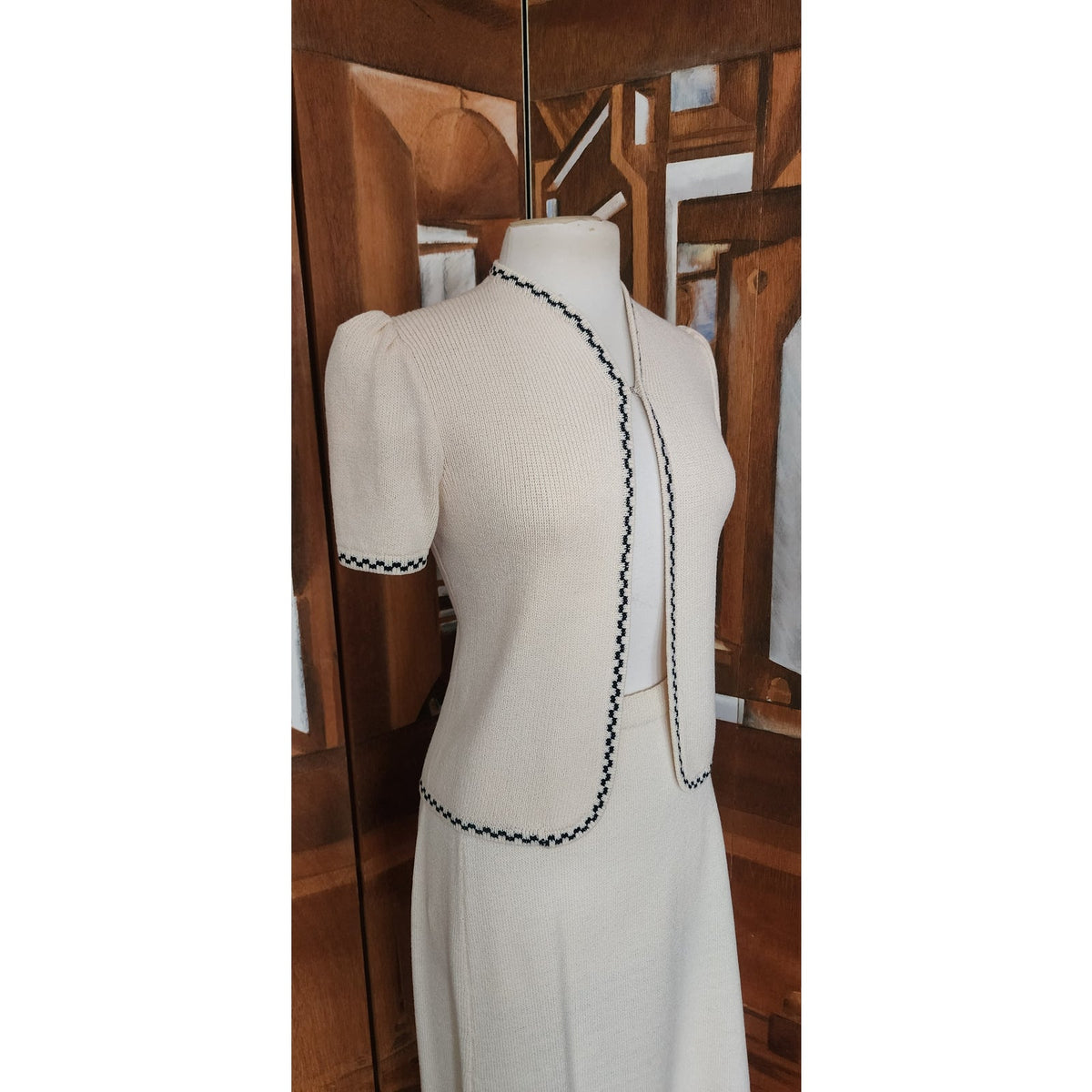 Vintage 1980s St. John Suit Jacket Cardigan Sweater + Skirt Set Cream Knit Marshall Fields