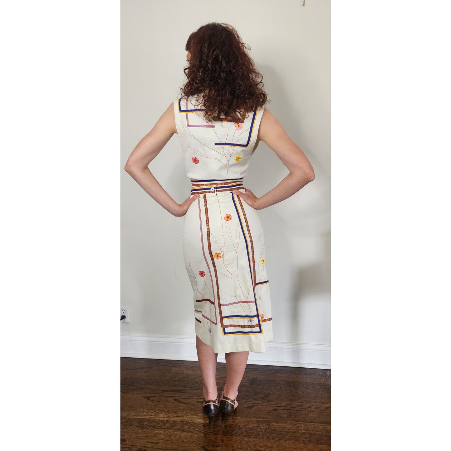 Vintage 1970s Marshall Rouso Skirt + Vest Set in Embroidered Denim / XS