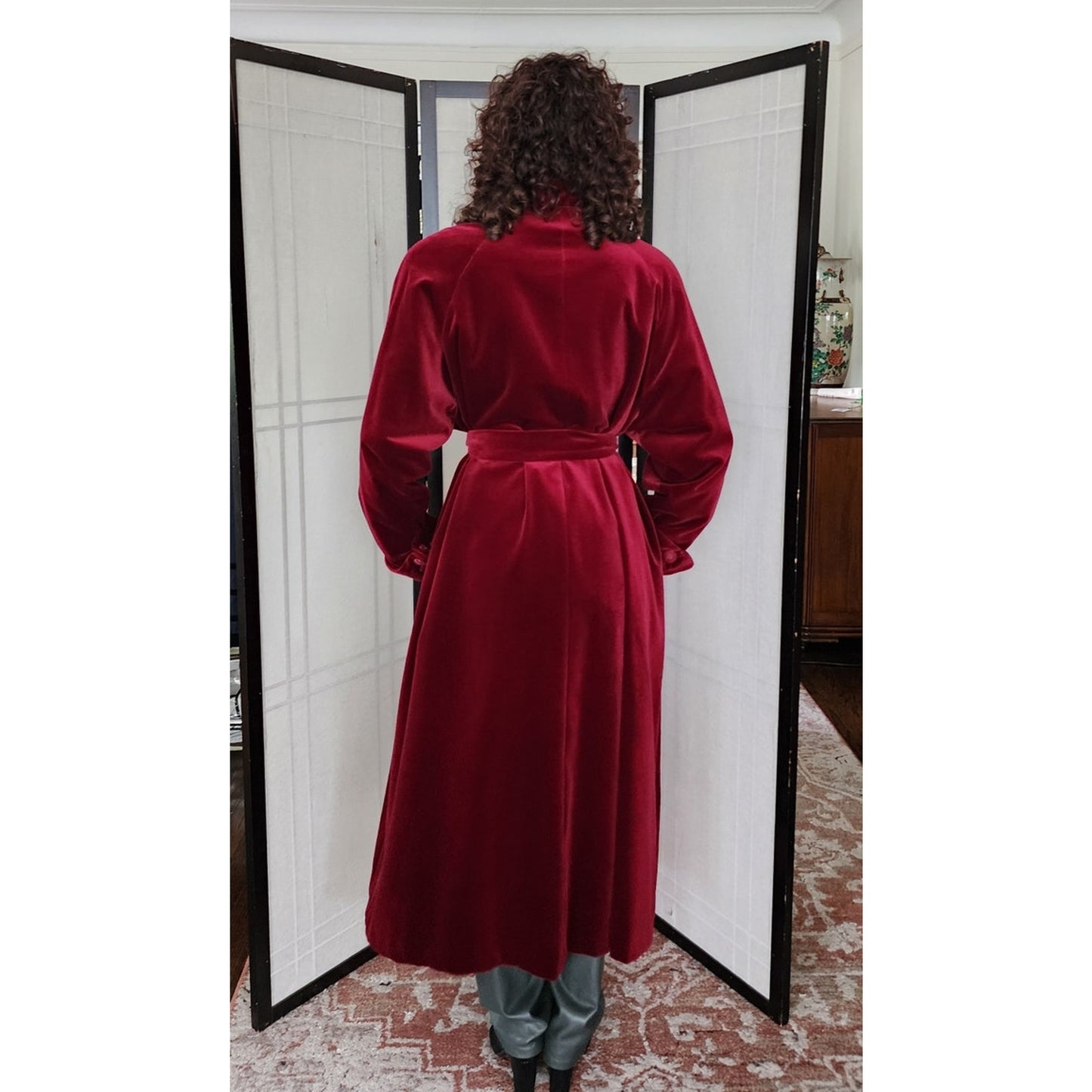 Vintage 80s Red Velvet Coat Raglan Sleeves, Belted