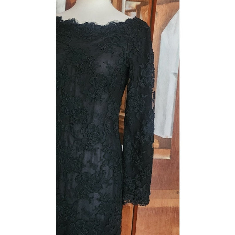 Vintage 1990s Calvin Klein Dress Black Lace Scalloped Boat Neck Long Sleeve Sz 8