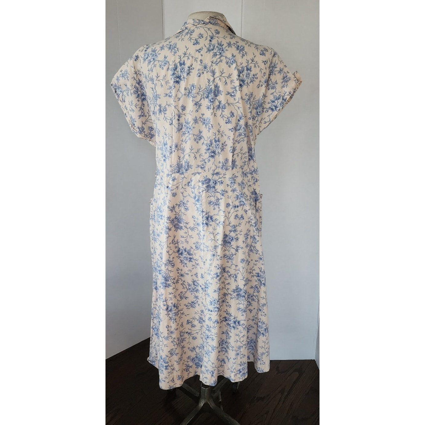 Vintage  40s Shirtdress Floral Cotton Print Pink Blue / L