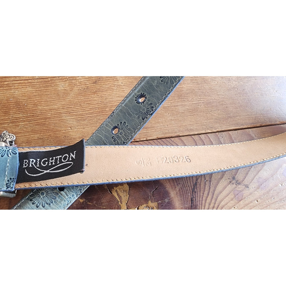 Vintage 1990s Brighton Belt Baby Blue Tooled Leather Silver Charms Waist 28