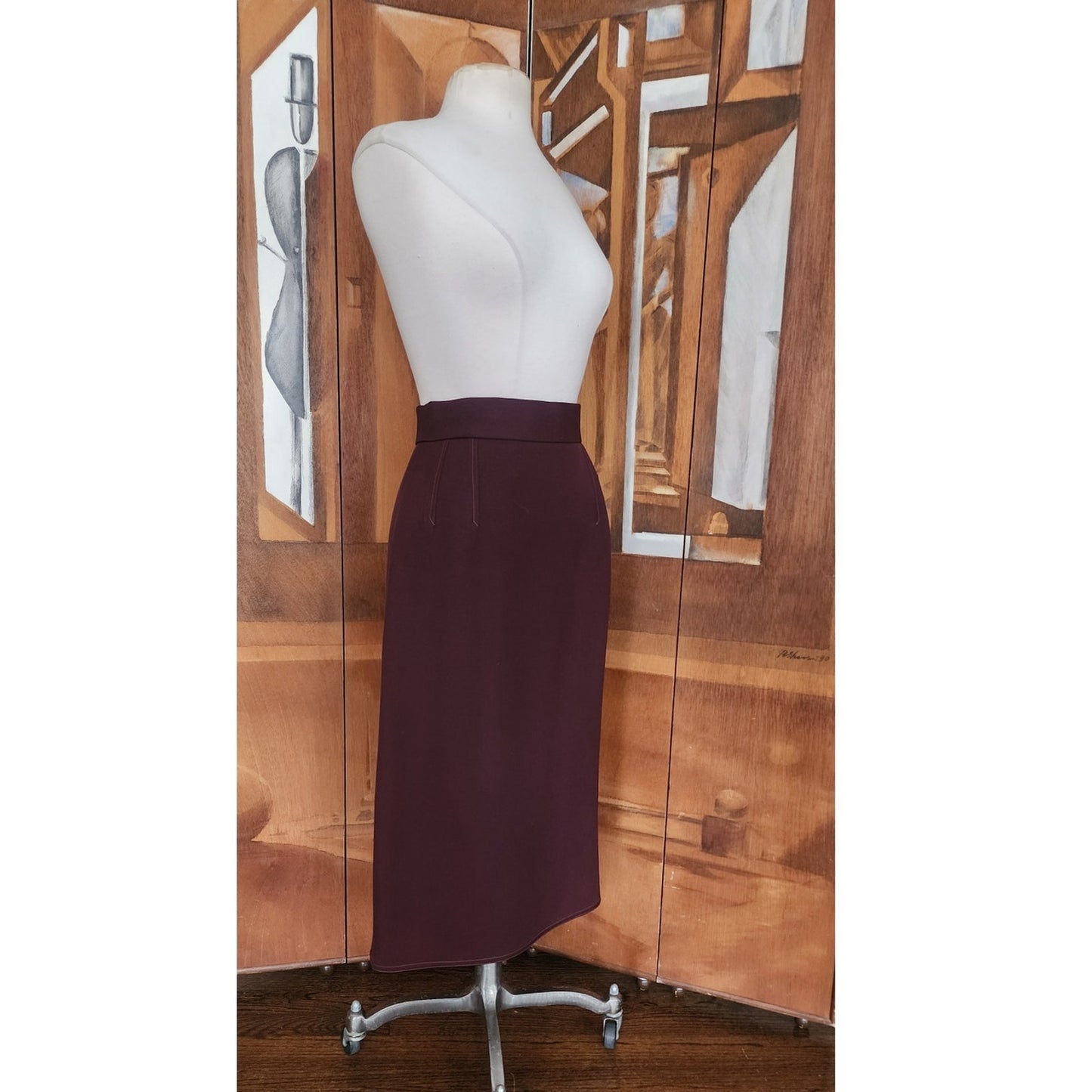 Vintage 1980s CHLOE Pencil Skirt Midi Oxblood Burgundy Red Wool Lagerfeld Era Marshall Fields