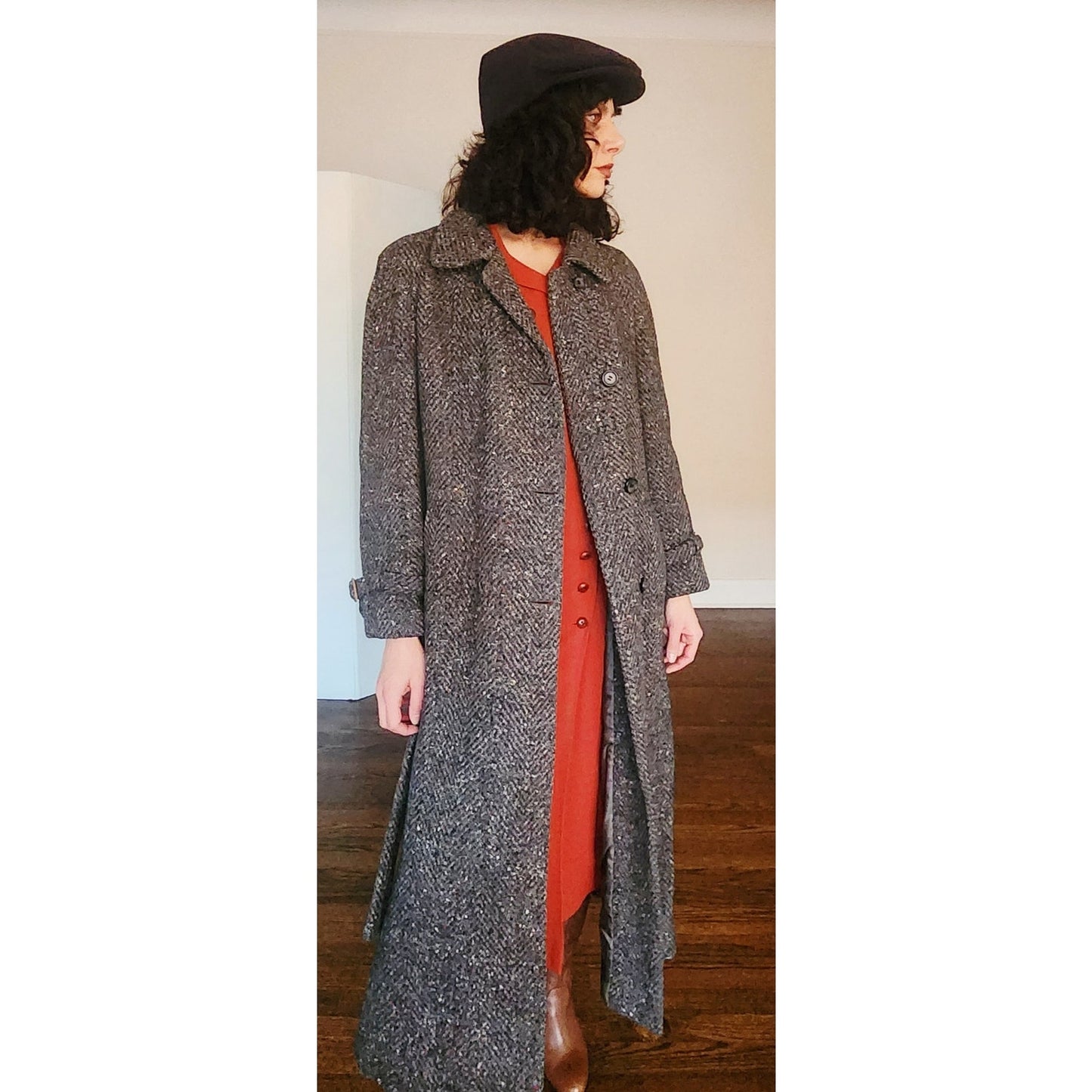 Vintage 1980s Gray Coat Tweed Wool Belted, Long by Huntleigh / Medium