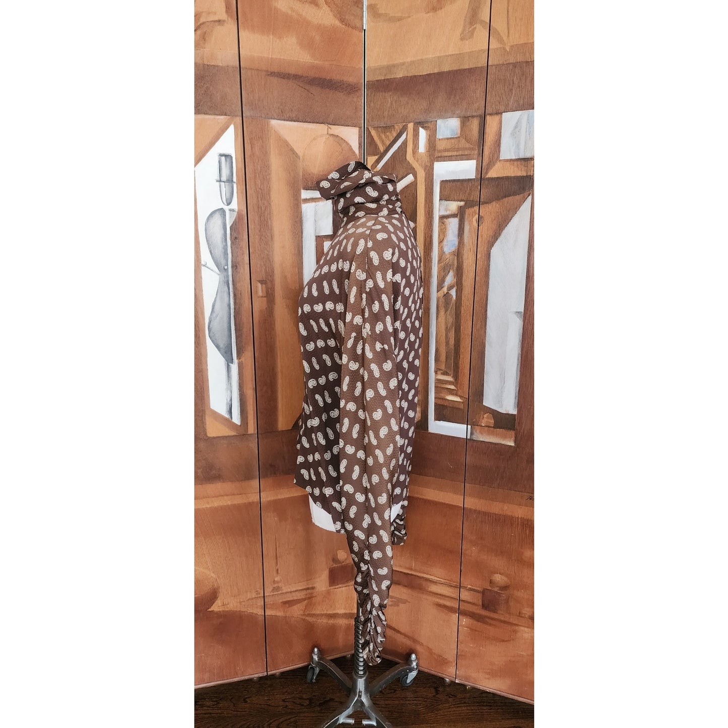 Vintage 80s GENNY Silkprint Blouse Tunic Paisley Print Brown White