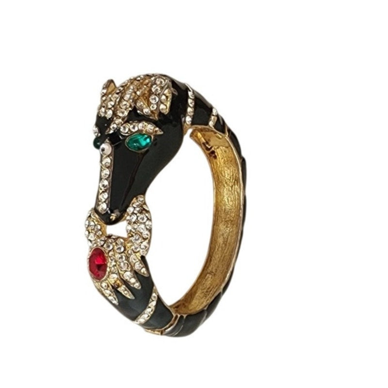 Vintage Black Enamel Horsehead Bracelet Bangle Rhinestone Jewels Art Deco Erte Style