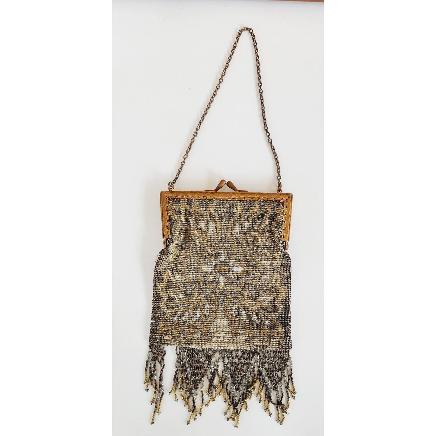 Antique Beaded Bag Shimmering Metallic Gold Silver Fringe Edwardian Art Nouveau France