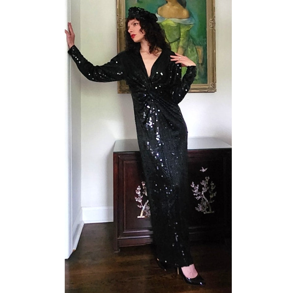 Vintage 80s Black Sequined Evening Dress Oleg Cassini / M