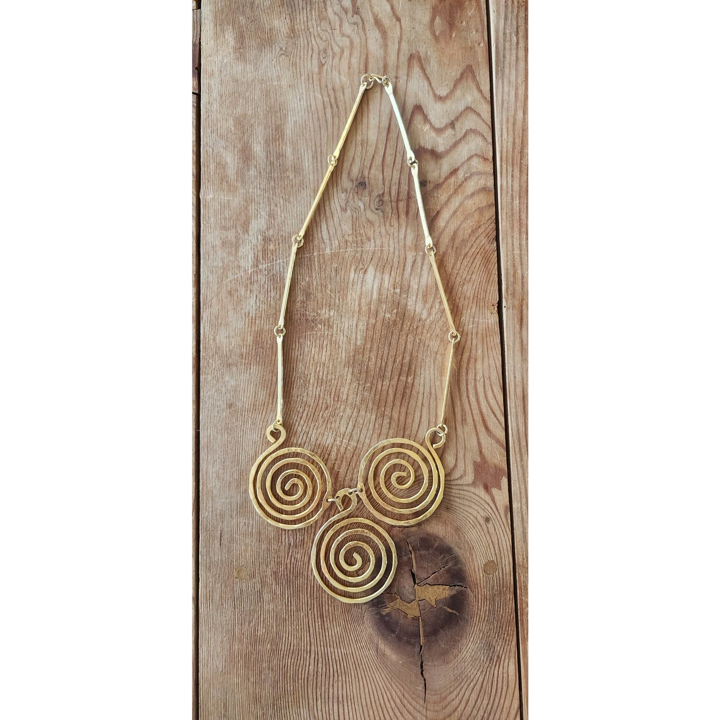 Vintage 70s Spiral Pendant Necklace Hammered Gold Greek Inspired