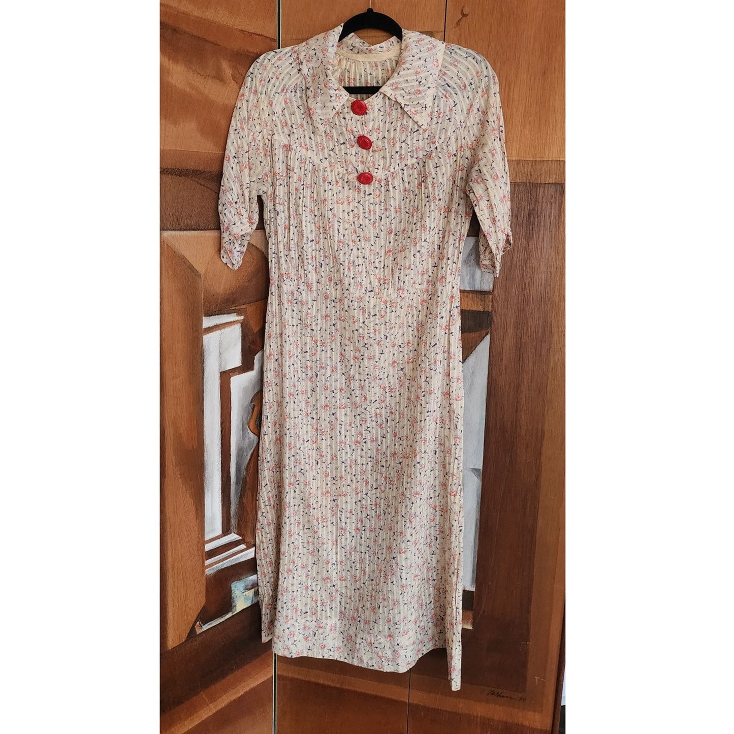 Vintage 30s Silk Day Dress Short Sleeves Speckled Floral Print Large Red Buttons