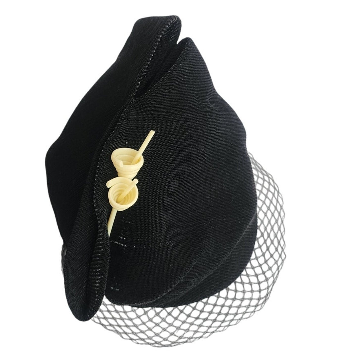 Vintage 1930s Art Deco Style Hat Black w/Cream Lucite Modernist Design