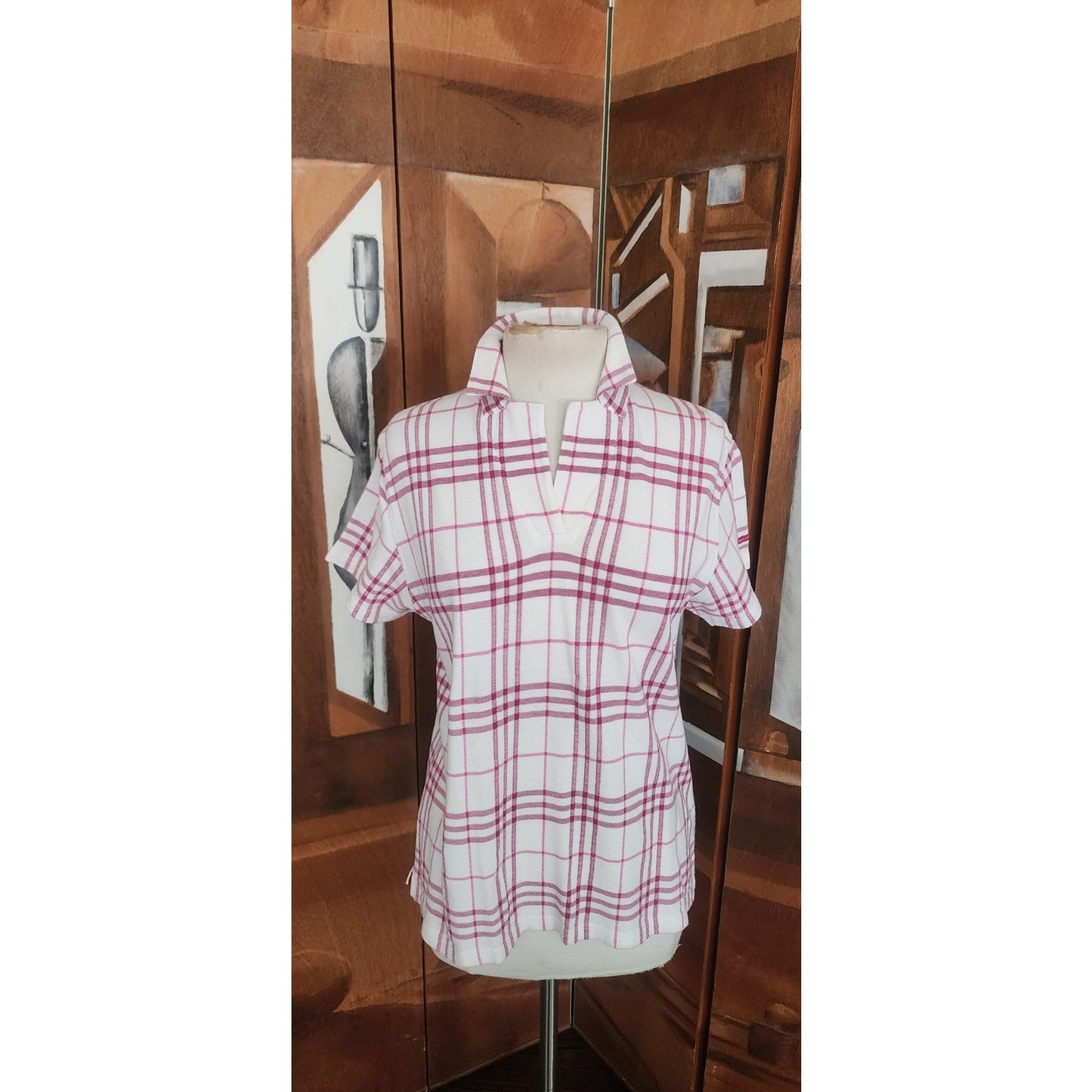 Vintage 2000s Burberry Golf Shirt Polo Top Preppy Plaid V Neck Short Sleeve White Red