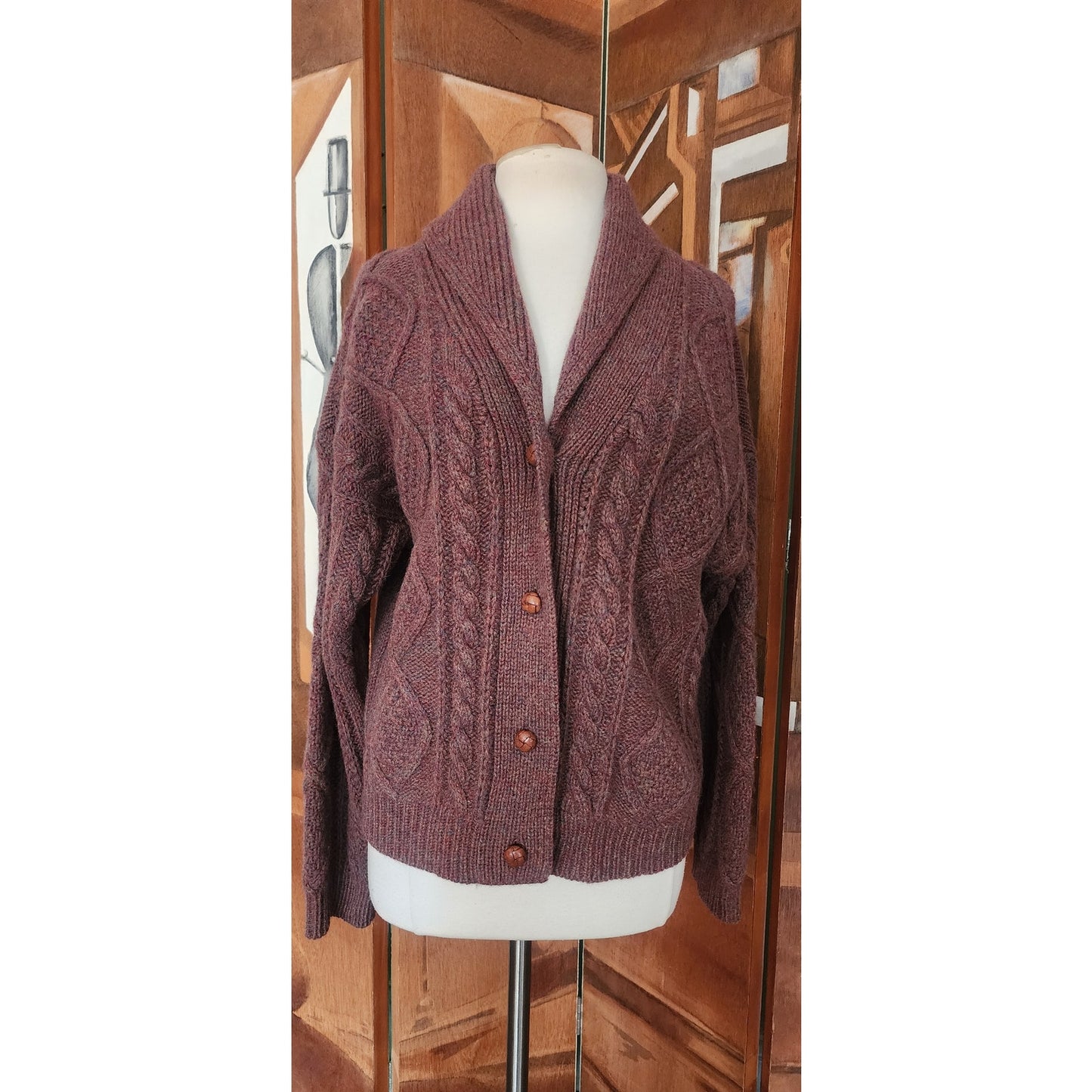 Vintage 1980s Gap Cardigan Sweater Chunky Brown Cable Knit  Shetland Wool