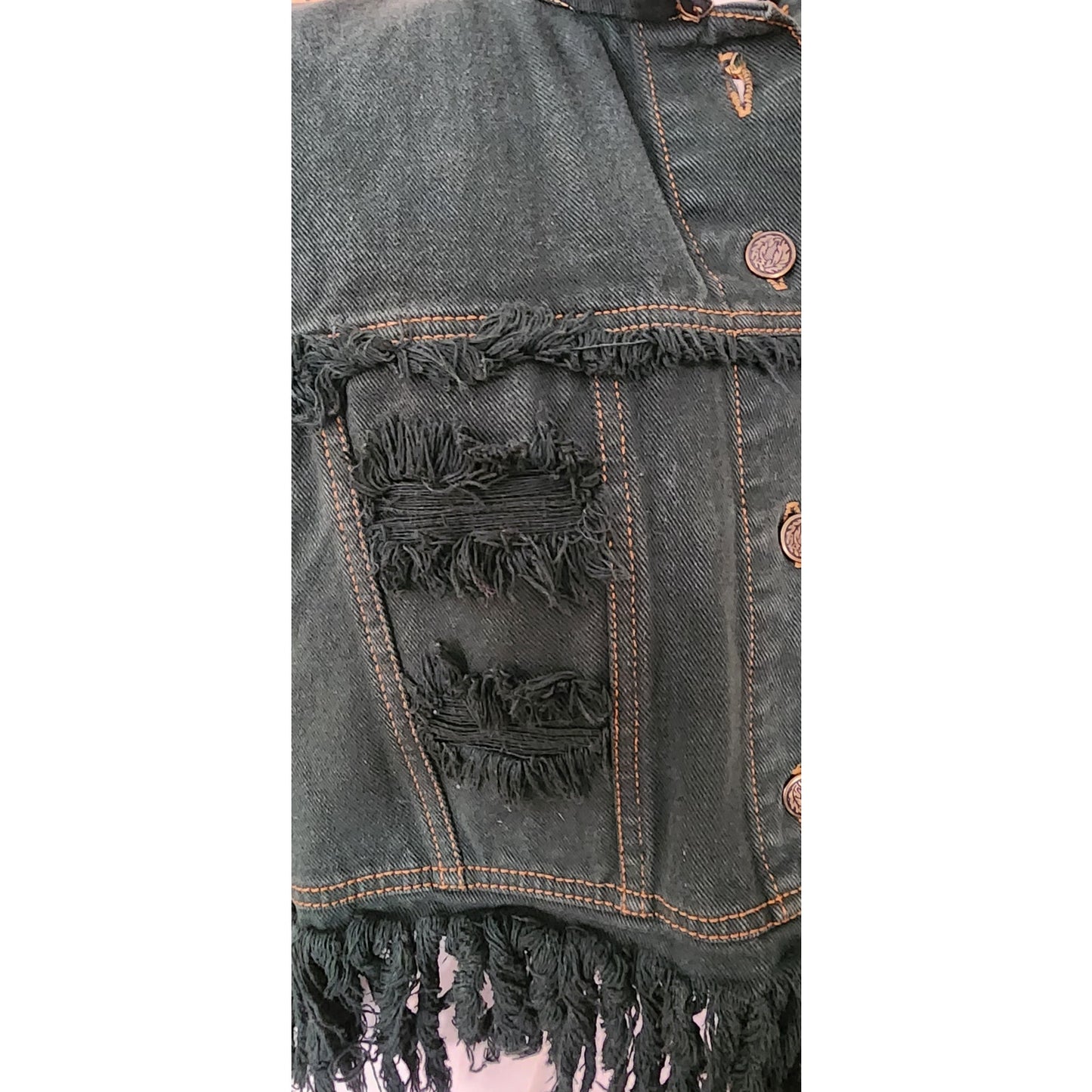 Vintage 80s Distressed Green Denim Vest Cropped Fringed by Navi / L