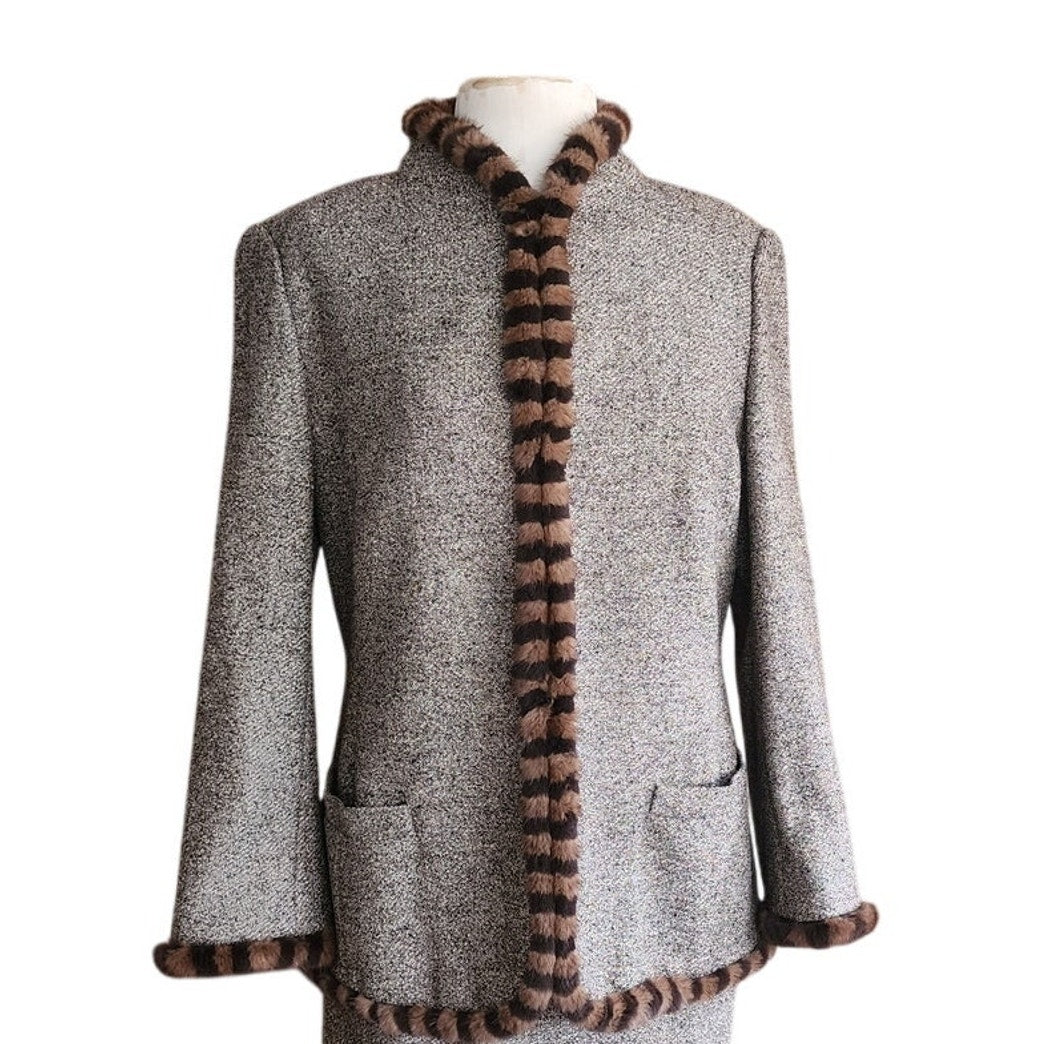 Vintage ESCADA Dress + Jacket Suit Set Alpaca Blend Wool Tweed Striped Mink Fur Trim / L