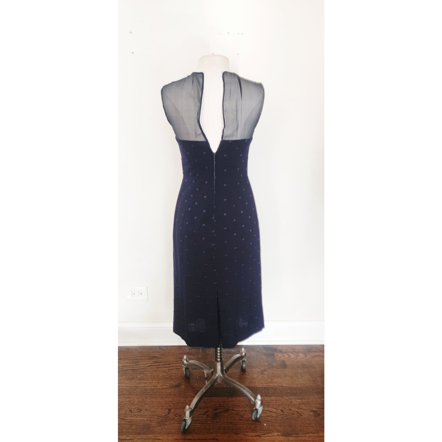 Vintage 50s Dress Jacket Suit Set Navy Blue Polkadot Wool Silk Bombshell Wiggle Viva Las Vegas