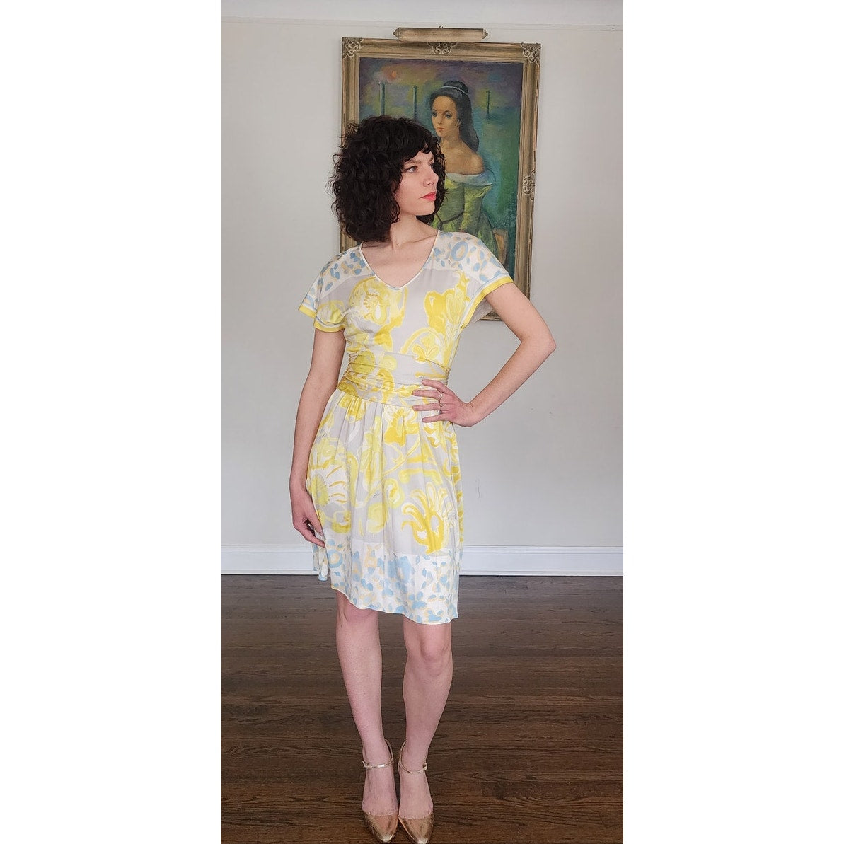 Vintage Y2K Emilio Pucci  Dress Short Sleeved Silkprint  Yellow Gray NWT