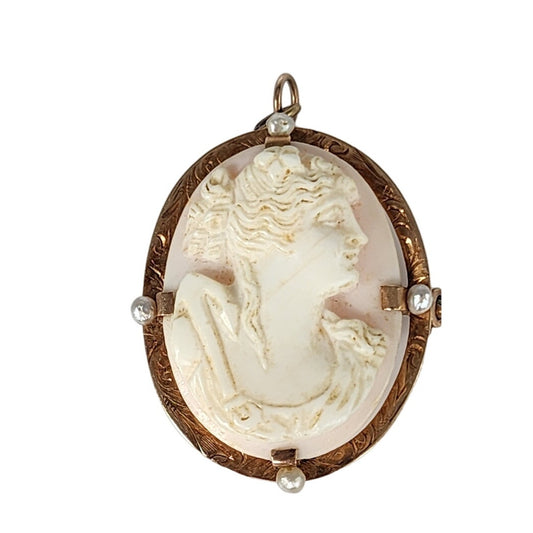 Antique 10K Gold Cameo Pendant Pin Edwardian Lady in Profile