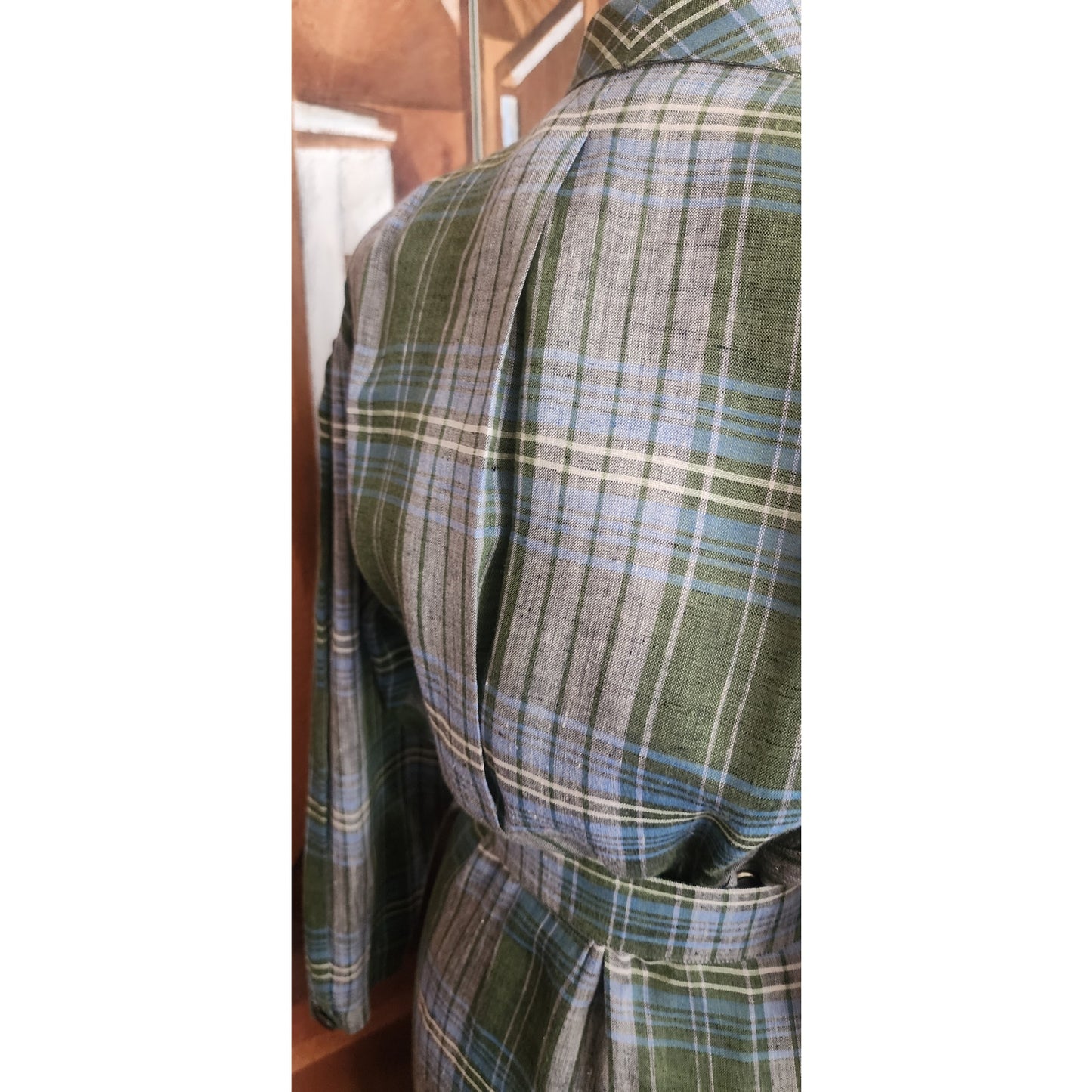 Vintage 1980s Thierry Mugler Dress Plaid Linen w/ Fringe Wrap Style Midi