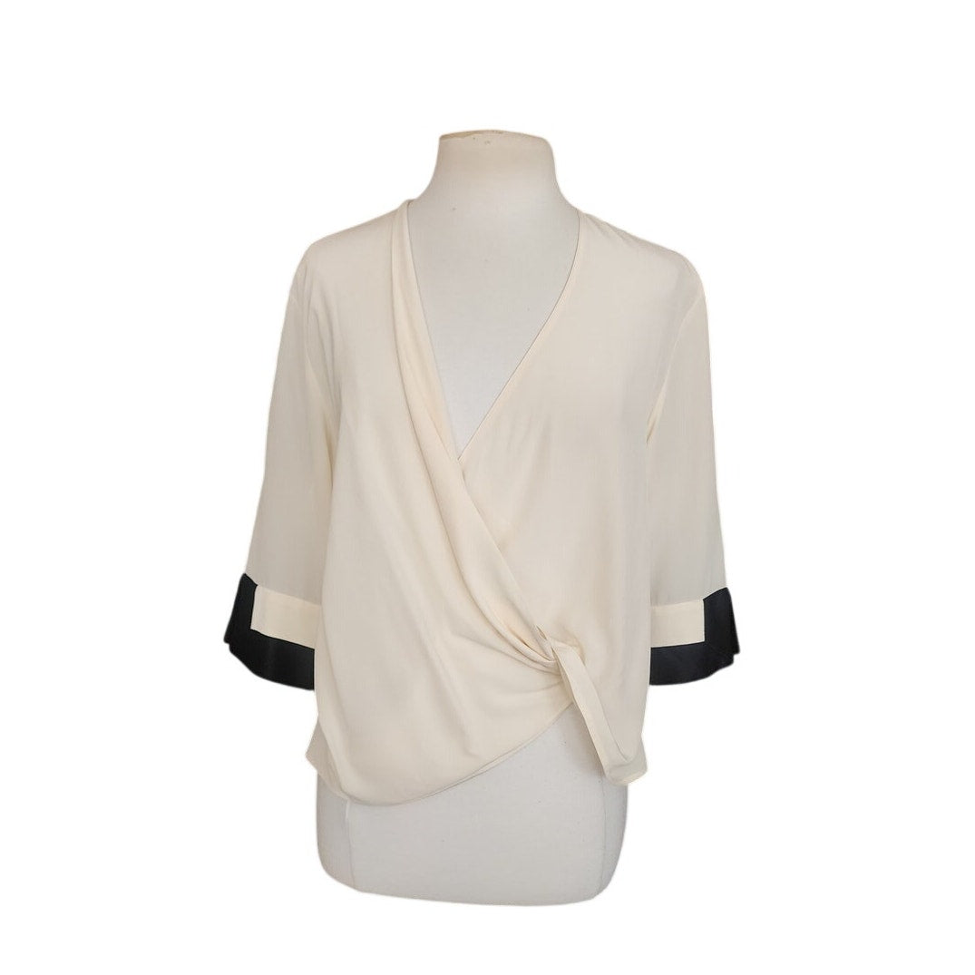 Vintage 90s Gianfranco Ferre Cream Silk Wrap Blouse Black Cuffs Asymmetrical Top