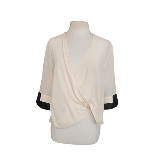 Vintage 90s Gianfranco Ferre Cream Silk Wrap Blouse Black Cuffs Asymmetrical Top