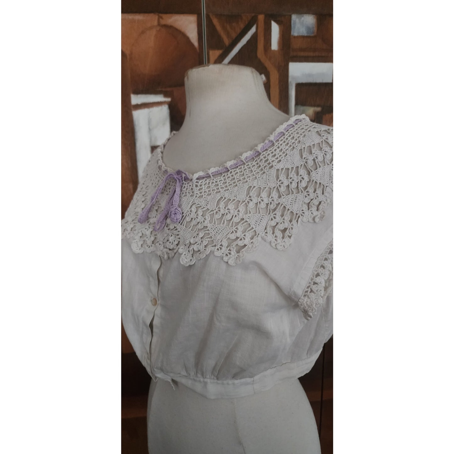 Vintage 1900s Blouse White Antique Edwardian Crochet Lace Cropped Top Button Down