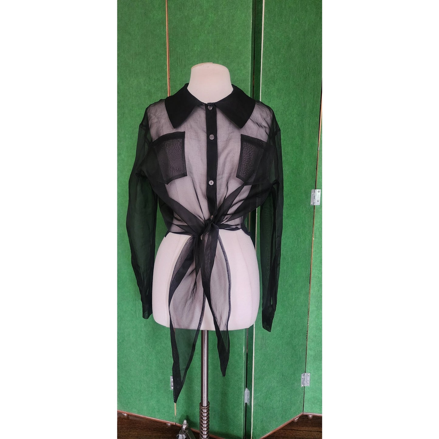 Vintage 90s Designer Blouse Black Sheer Silk Shirt Tie Front Victoria March Chicago