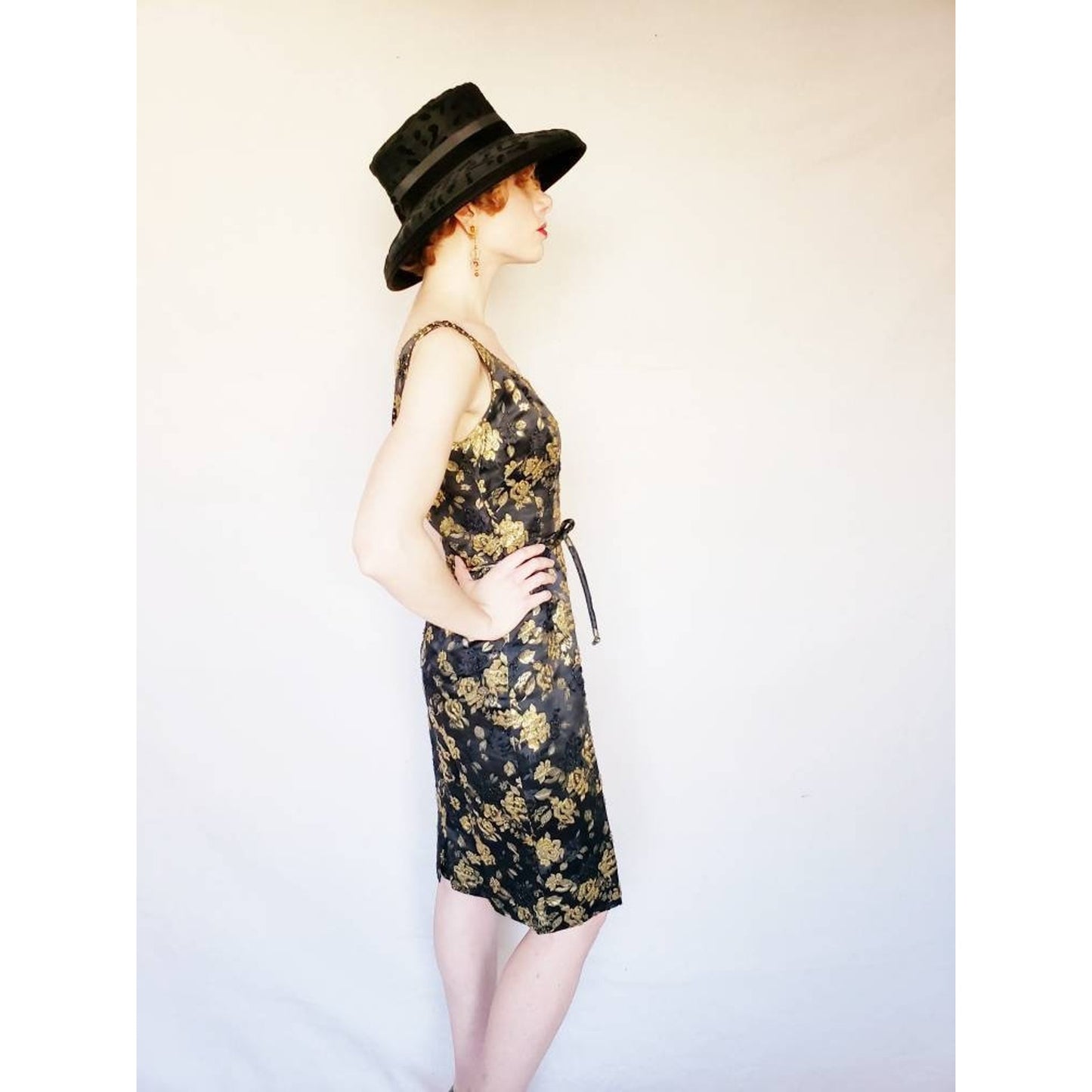 Vintage 1960s Cocktail Dress Black Gold Floral Beaded Brocade Sleeveless Wiggle Party Dress Ornate S