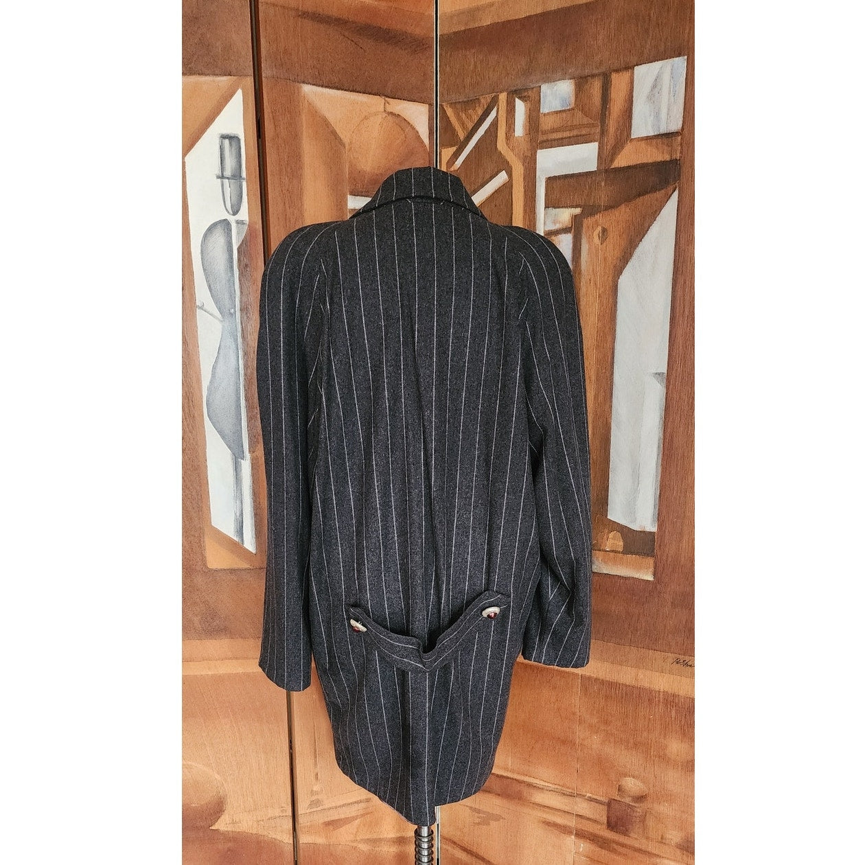 Vintage 80s Oversized Blazer Gray Pinstriped Long Jacket / L